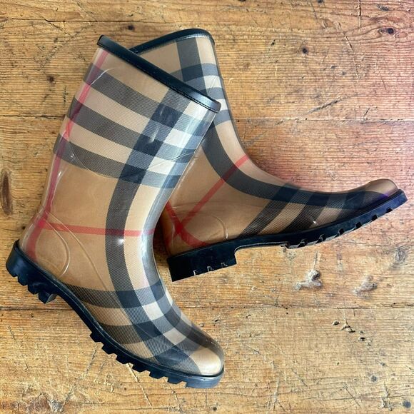 Shoes - Burberry Rubber Rain Boots Tan Check Plaid Mid Calf Size EU 41 Women's US 10